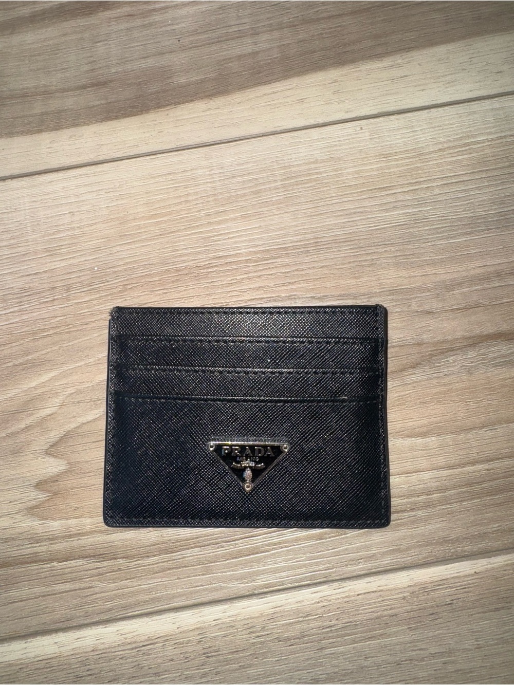 Prada Black Saffiano Card Case with Gold Triangle Logo